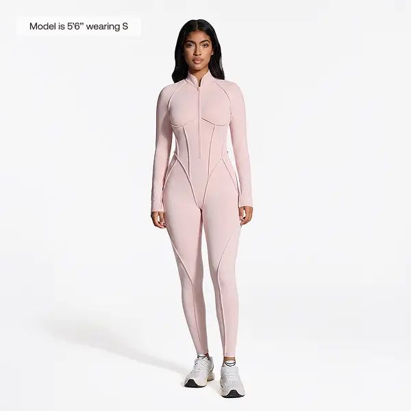 BetterMe Women's Ballet Pink Long Sleeve Zip-Front Open-Back Catsuit, Full-Length Compression Bodysuit Jumpsuit Overalls Rompers Outfit, Adjustable Breathable Polyester Spandex Womenswear Fabric Athletic Training Apparel for Workout Yoga Gym