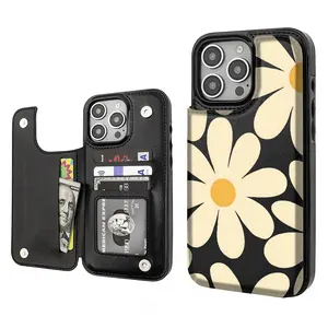 Yellow Flowers Pattern Phone Cases Compatible For With iphone 17 16 15 14 13 12 PRO PLUS MAX AIR PU Black Brown Pink Durable Flip High quality Leather Credit Card Bag Holder Mother Gift Wallet Shockproof Anti-Drop Full Protection Shell Cover