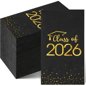 100pcs Class of 2026 Graduation Napkins, Disposable Congrats Grad Cocktail Napkins Foil Dot Paper Hand Towels for 2026 High School University College Graduation Party Decorations(Black Gold）
