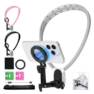 Magnetic Phone Holder Hands-Free Locking Retractable Chest Mount for Travel Mobile Video Recording Safe Stable Compatible with Various Phones Vlog Aluminum Alloy Gray