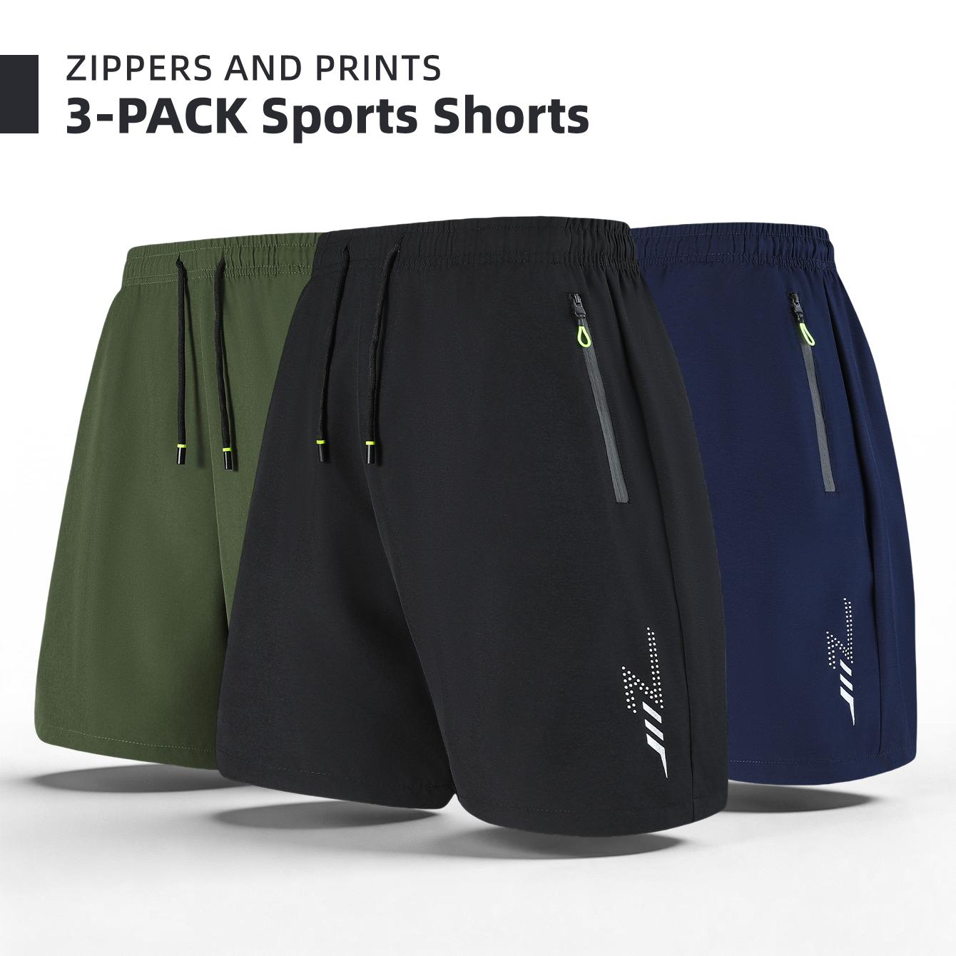 Men's 3-Pack Zipper Pocket Sports Shorts, with Reflective Prints, Drawstring Elasticated Waist, Zipper Side Pockets, Casual Shorts for Both Sports and Daily Wear