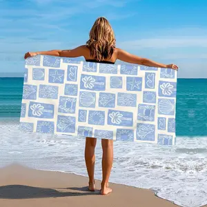 Pastel Blue Gingham Checkered Beach Towel, Soft Lightweight Striped Microfiber Towel for Kids, Breathable Absorbent Towel for Vacation