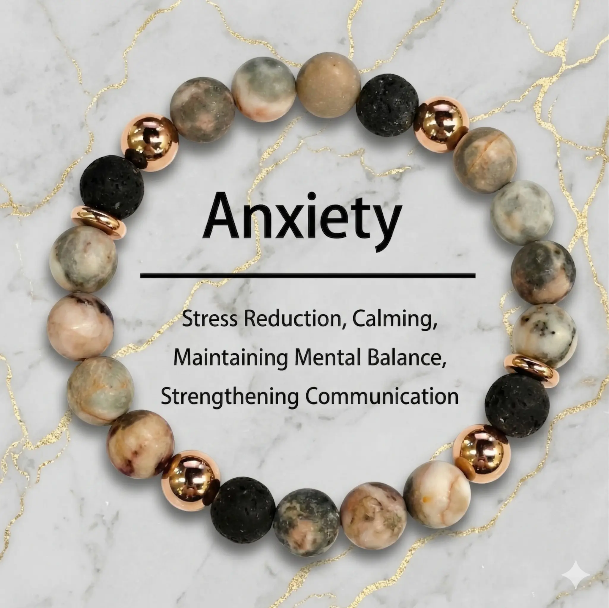 Unisex Bohemian-style matte marble & volcanic stone bracelet with rose gold beads. Minimalist, stress-relieving jewelry. Maintaining Mental Balance Calming