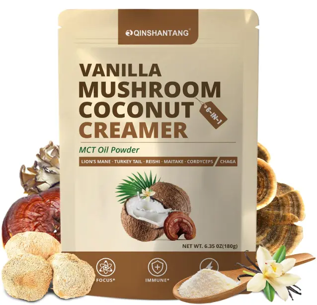 Mushroom Coffee Creamer, Vanilla Coconut Creamer, Probiotics, MCT Powder, 6 Mushrooms | Lion's Mane, Turkey Tail, Reishi, Maitake, Chaga, Cordyceps | Boosts Focus, Immunity and Energy | 6.35Oz