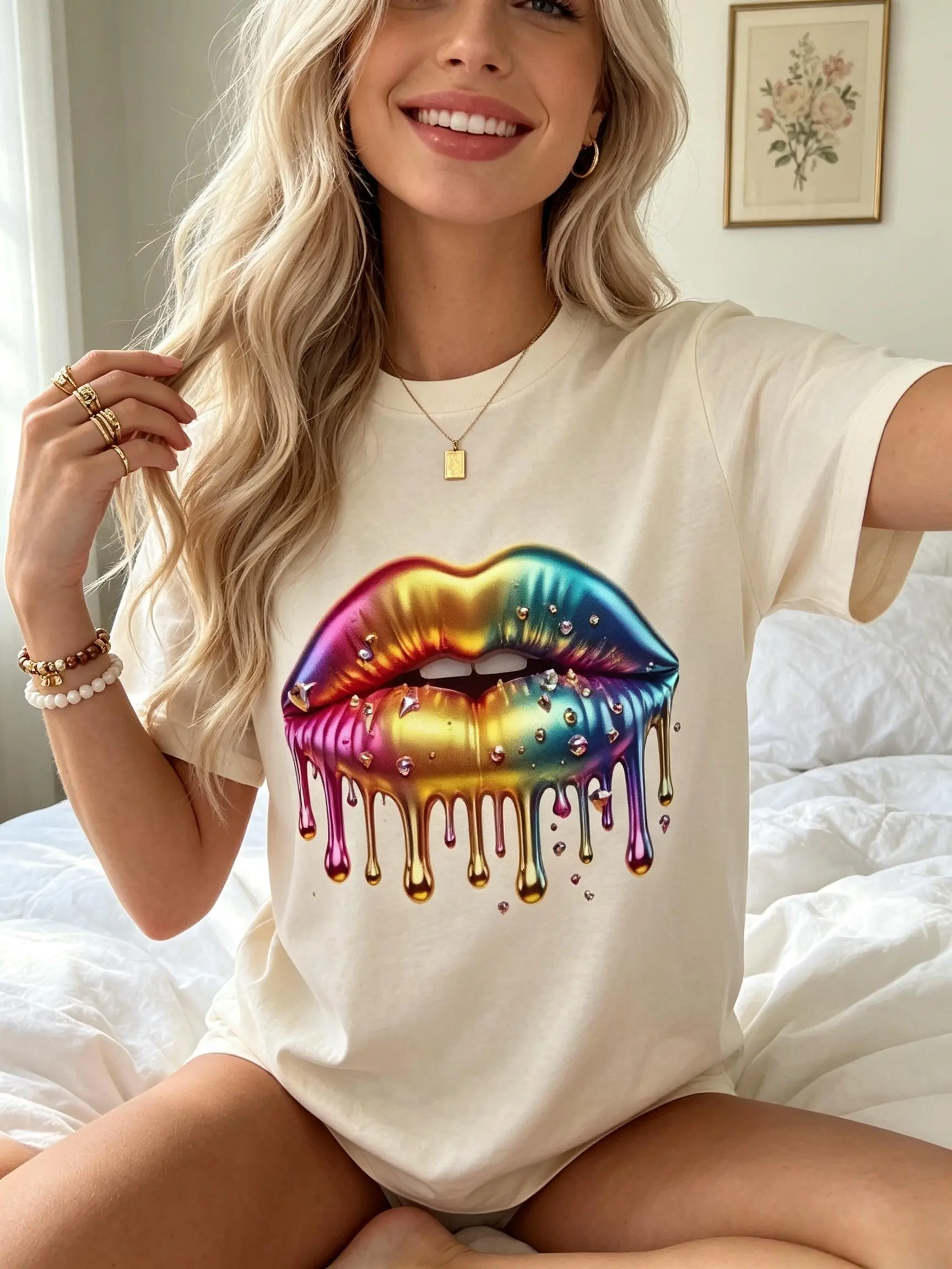 Y2K Sexy Trend Viral TikTok Cream Women’s Graphic T-Shirt Metallic Holographic Rainbow Dripping Glossy Lips Embedded With Tiny Diamond Crystals Print Soft Crew Neck Casual Streetwear Top Ladies Party sohochic