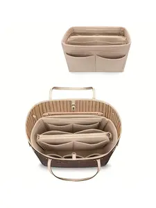 Felt Purse Organizer Insert, Golden-Tone Hardware & Beige/Brown Compartments with Zipper Closure, Khaki Tote Shaper for Handbags Wallets & PM/MM/Speedy Designer Bags, Compatible with Belt Bag, Travel Organization Pouch, Non-Washable Felt Material