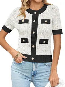 LCXWFE Womens Fashion Cropped Knit Sweater Short Sleeve Cardigan Sweater Crew Neck Button Down Tweed Knitwear Top with Pockets