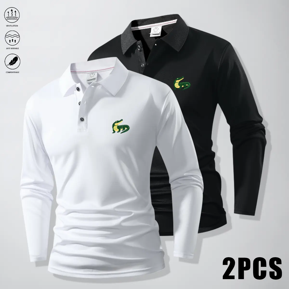 Two-piece set: men’s new classic collared long-sleeve shirt with a stylish solid color design. Lightweight, breathable, soft, and skin-friendly—ideal for everyday wear, golf, and summer clothing.