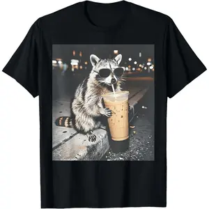 Raccoon Drinking Iced Coffee Funny Animal Meme Men Women T-Shirt