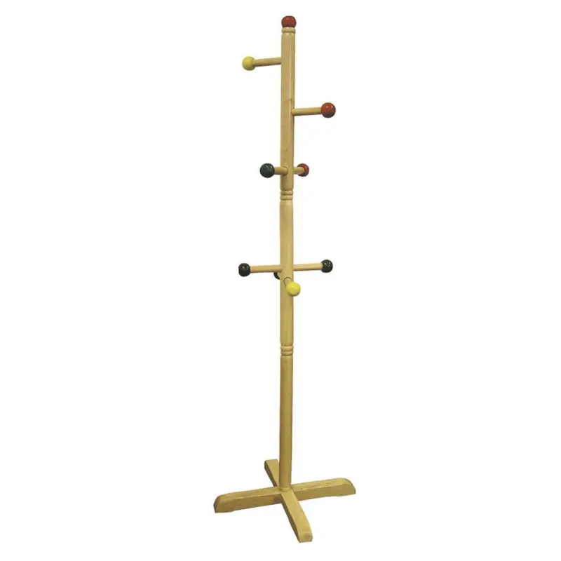 Wooden Kids Standing Coat Rack, 49.5in Height, Natural Finish, 8 Colored Pegs, Sturdy Wide Base, Safe, Easy Setup, for Playroom & Child’s Room, 49.5" Tall