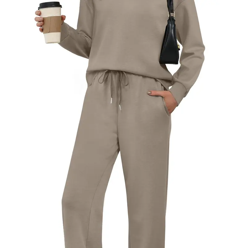 Casual Suit with Long Sleeves, Drawstring, Solid Color Casual Pants Set Womenswear Clothes