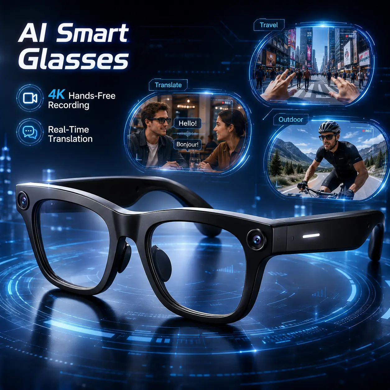 2026 Smart Al Glasses, 4K Hands-Free Recording Real-TimeTranslation Al Translator, BlueLightBlocking Functionality Hands-Free Vlog Photo &VideoCapture + Real-Time Translation Outdoor Adventures& DailyLife Wearable touch button control  Bluetooth