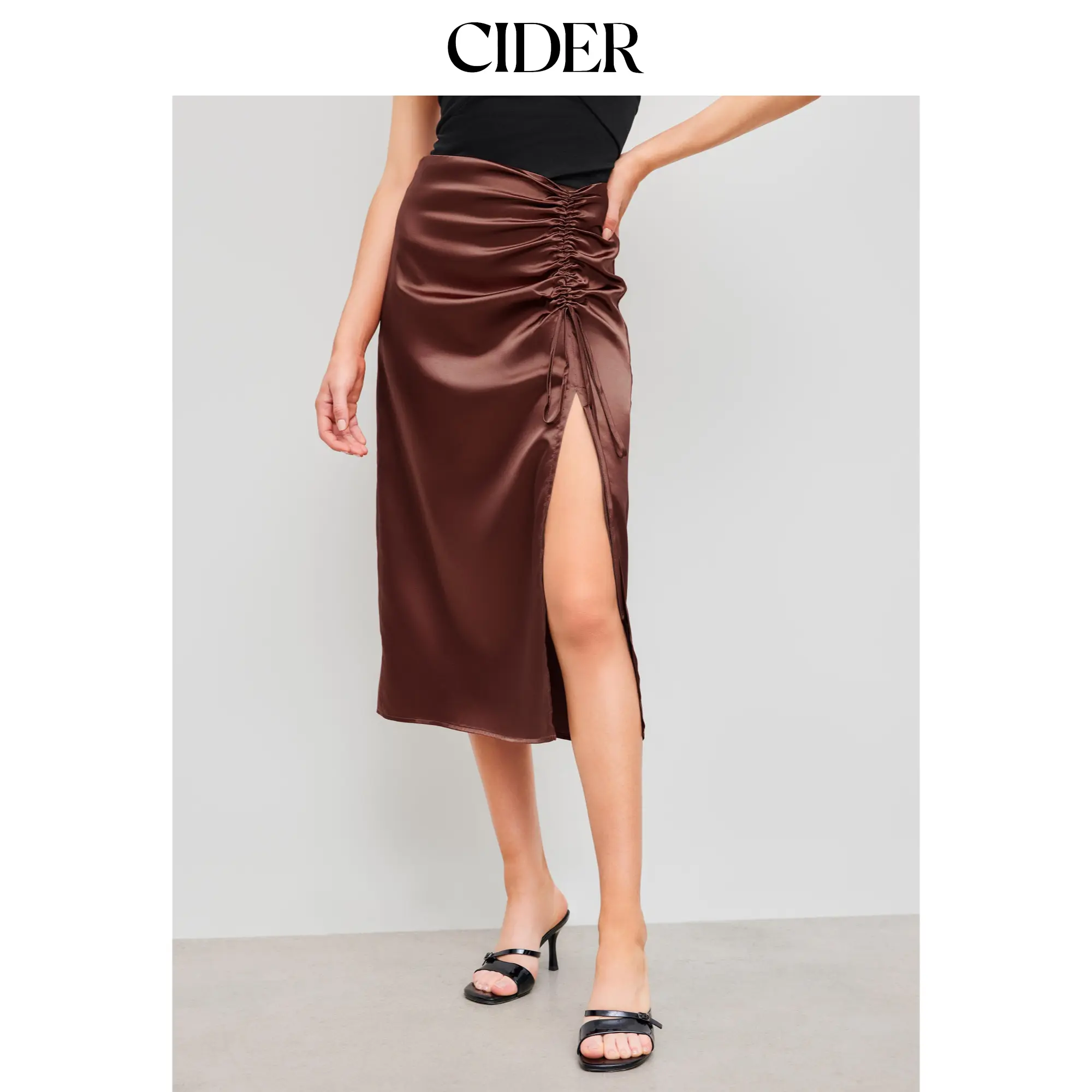 Cider Women's Satin Plaid Drawstring Split Knee-Length Midi Skirt - Casual Preppy, Woven Fabric, Multiple Colors, Sizes 2-10/XL, Classic, All-Season, Machine-Washable Women's Bottoms