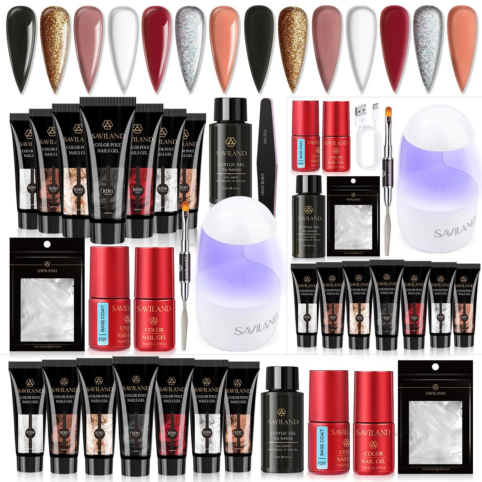 7 Colors Glitter Red Black Poly Gel Kit with Lamp