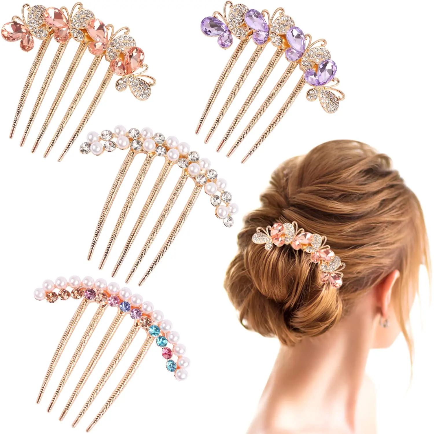 4PCS Pearl Rhinestones Hair Accessories - Crystals Butterfly Hair Fork Clips for Updo Buns, Decorative French Twist Hair Pins, Vintage Styling Combs for Women and Girls - Hair Styling Accessories