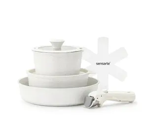 SENSARTE 8-Piece Nonstick Pots and Pans Set with Detachable Handle, White Healthy Cookware Sets, Induction Compatible, Dishwasher/Oven Safe, Healthy Cooking Set for RV & Camping