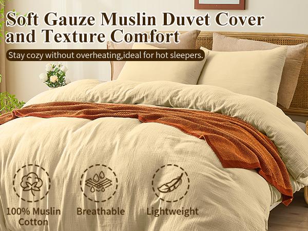 Bedlifes Muslin Duvet Cover Set- 100% Organic Cotton, Soft Textured Gauze Weave Comforter Cover for Breathable All-Season with Zipper Closure - 3 Piece Set