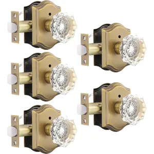 Interior Door Locksets in Antique Brass,Octagonal Crystal Doorknobs  Bed/Bath,Privacy Function Door Handles,Push Pin Inside Lock,5 Pack