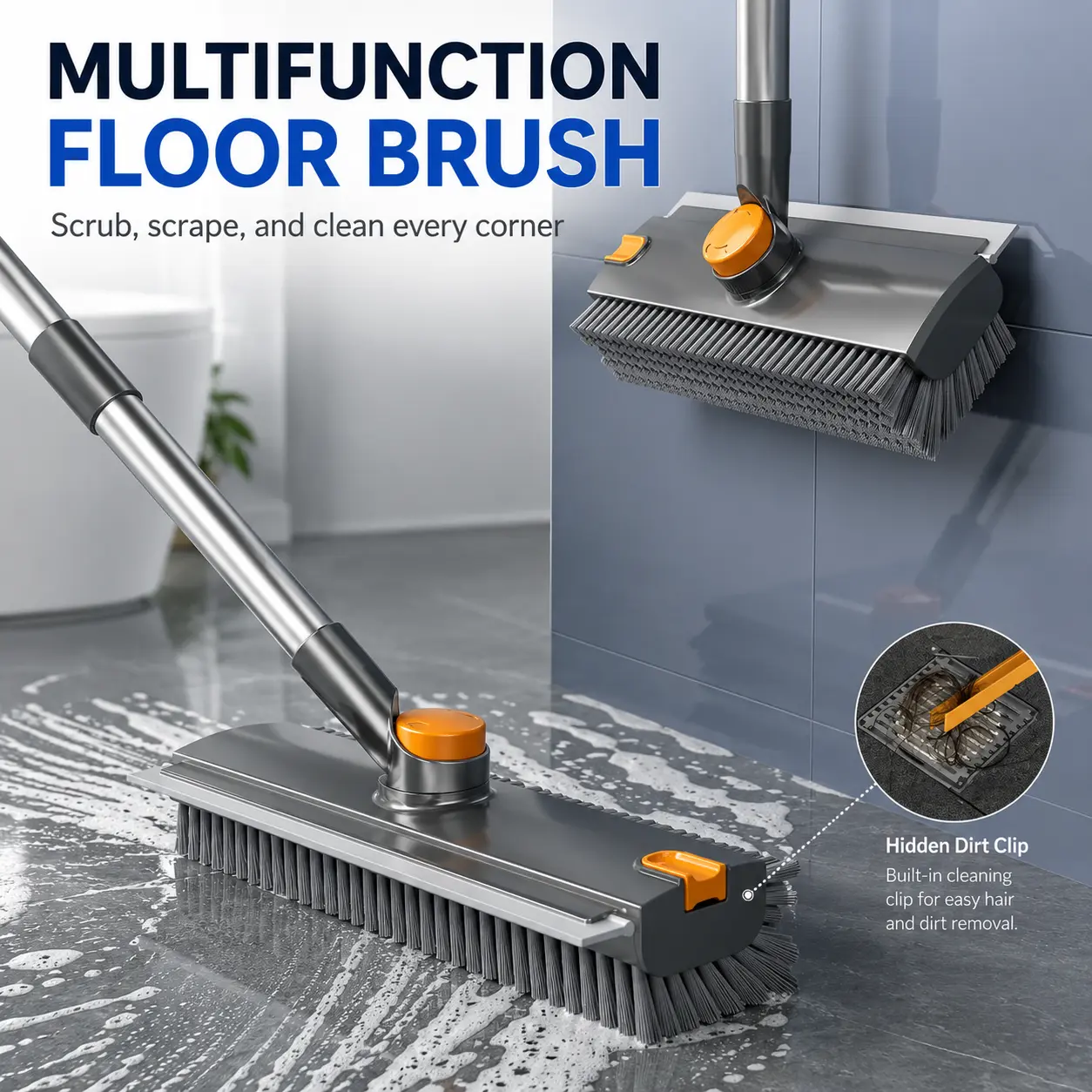 3-in-1 Tool Scrub Floor Scrubber with Long Adjustable Handle - 180° Rotating PVC Bristles Multi-Surface Deep Cleaning Shower Broom with Silicone Squeegees for Tile, Bathtub, Home Care Supplies, Comfortable, Cleaner