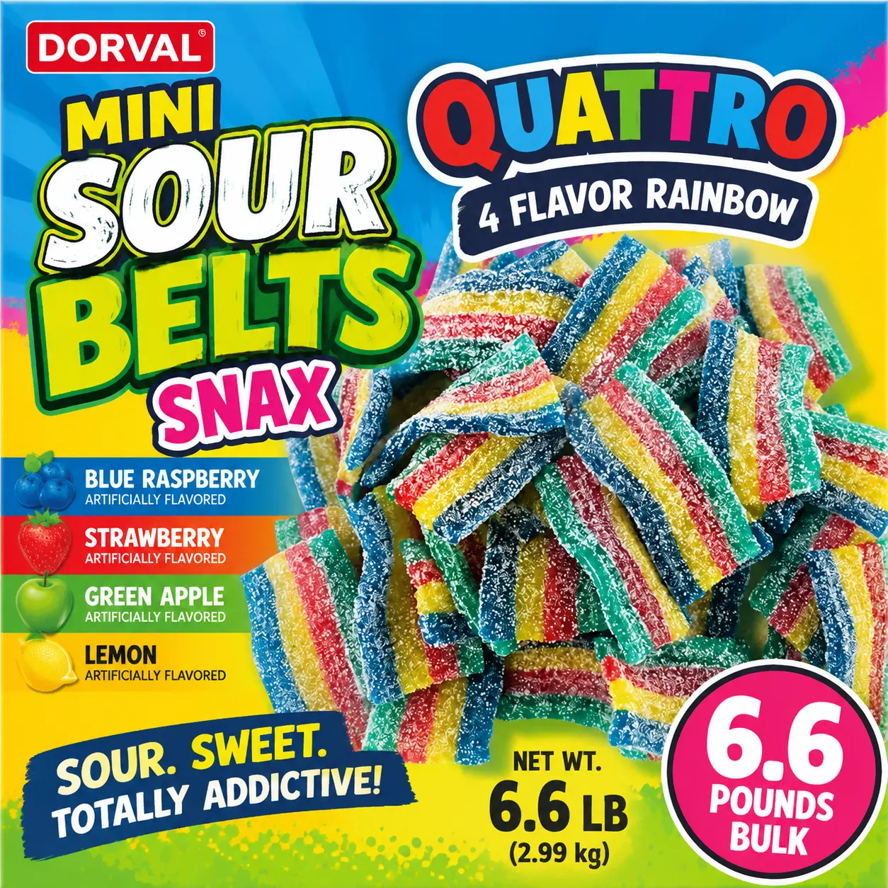Dorval Mini Sour Belts Snax Quattro 4 Flavor Rainbow 6.6 lb Bulk Sour Candy Strips