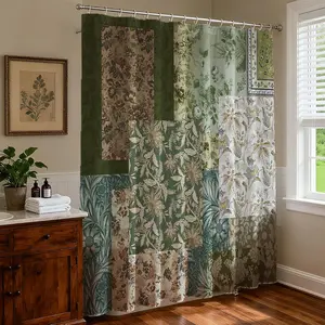 Vintage Boho Shower Curtain Green Retro Floral Shower Curtain for Boho Floral Bathroom Decor Waterproof Fabric Mid-Century Farmhouse Flowers Patchwork Bath Curtain