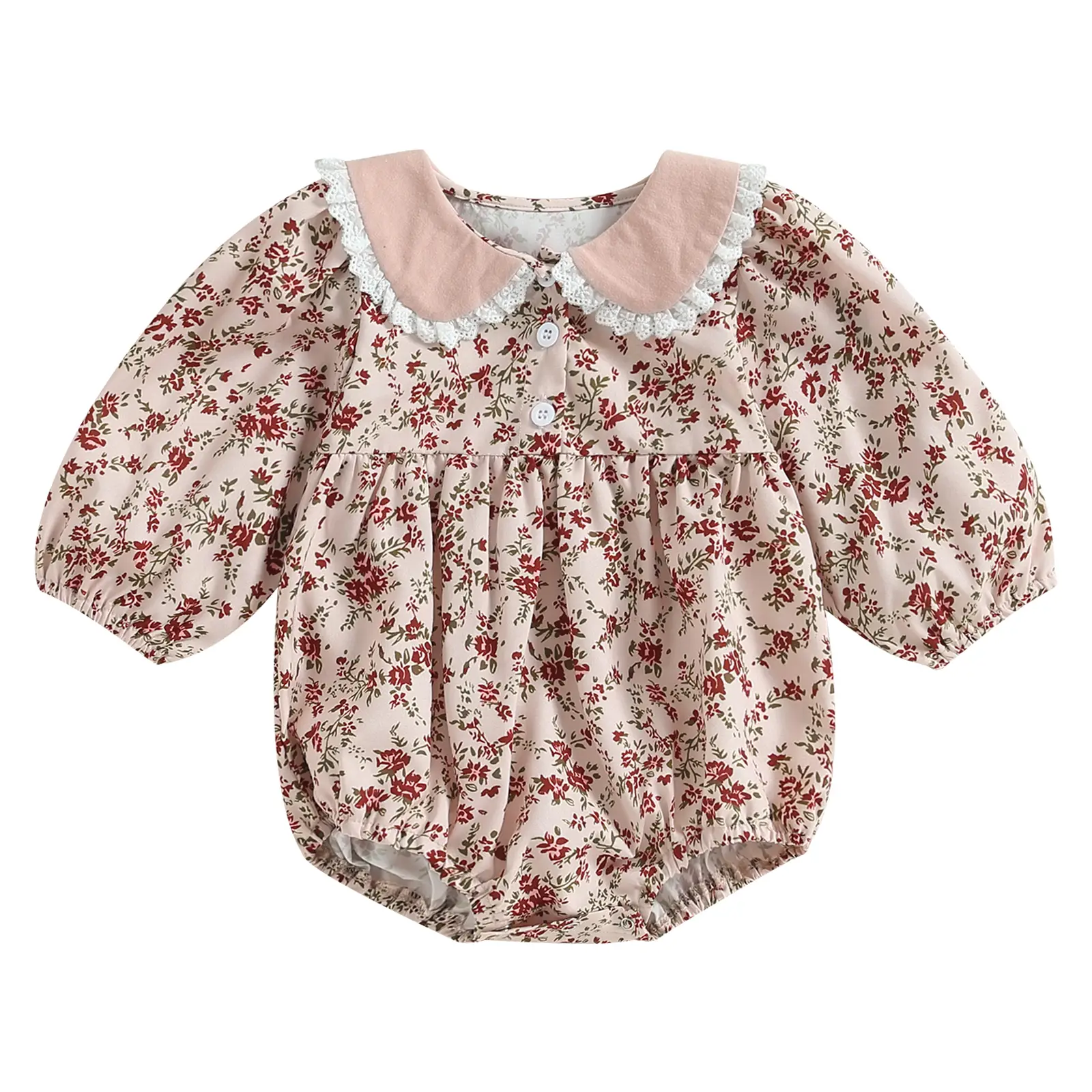 Infant Baby Girl Cute Floral Print Long Sleeve Sweatshirt Bubble Romper Peter Pan Collar Ruffle Jumpsuit Bodysuit Outfit