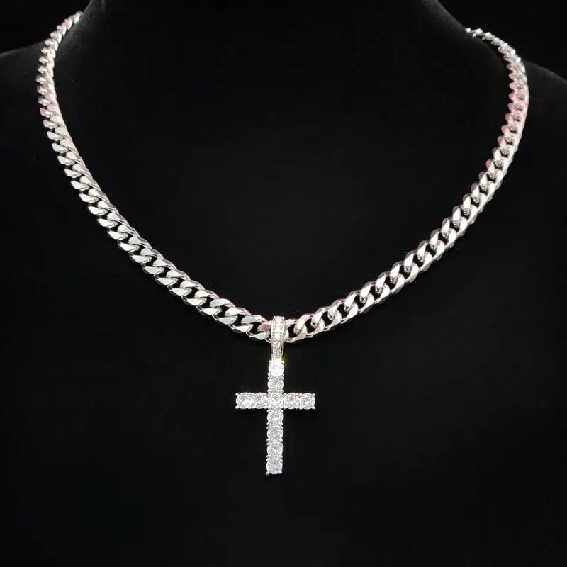 Unisex Easter Street Cross Pendant Necklace, Rhinestone Decor Cuban Chain Necklace, Rhinestone Decorated Necklace, Cuban Link Necklace for Party & Daily Clothing Decor for Men & Women, Exquisite Jewelry for Birthday