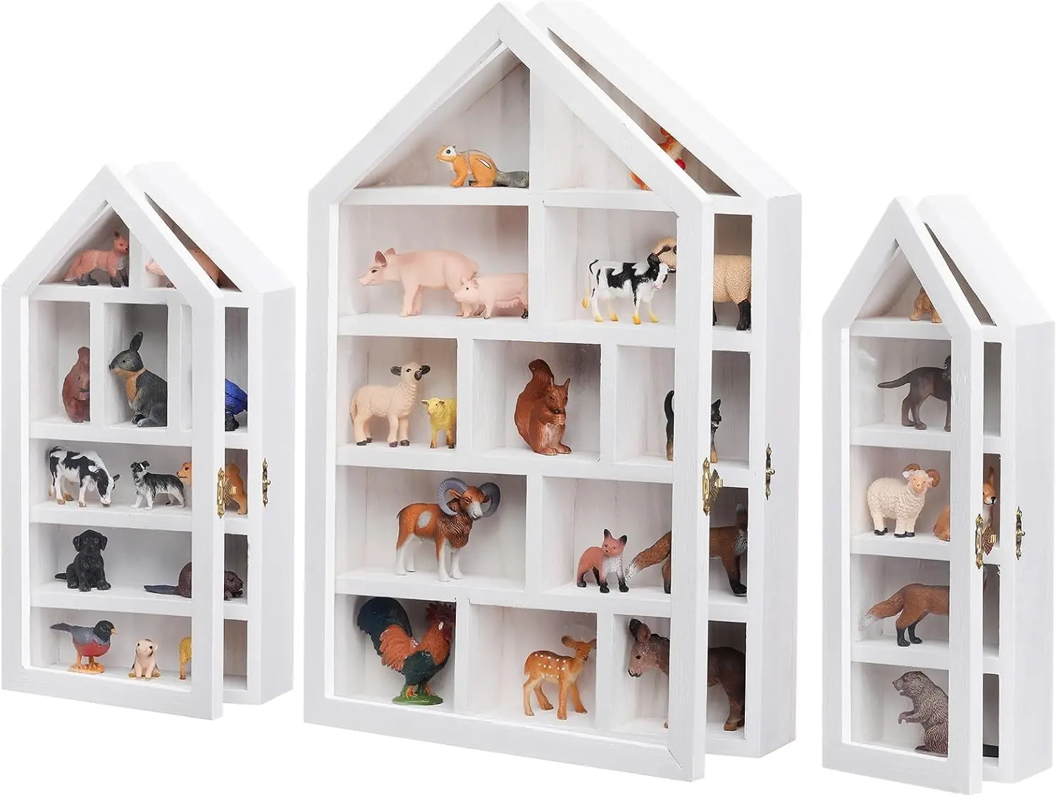 DoubleFill Set of 3 Wooden Shadow Box Frame with Shelves Large Trinket Shelf Display Cases Wall Mounted for Mini Figures Curio Cabinet Medals Wedding Bouquet Photos(White,House Shape)