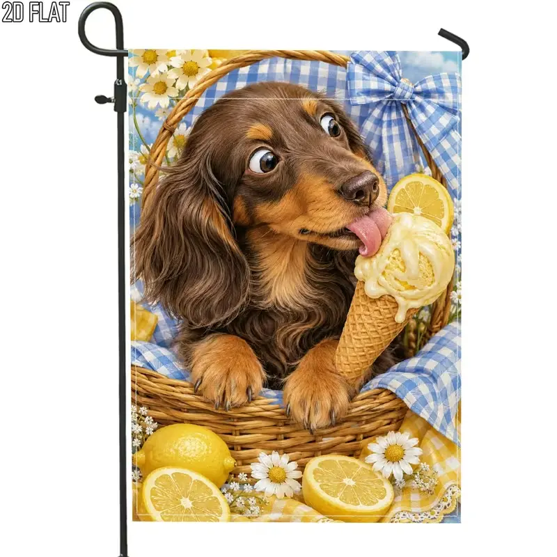 Long Haired Dachshund Outdoor Garden Flag - Cute Gingham Blue Basket Lemon Daisy Picnic Design, Single-Sided 2D Flat Print, Front Porch Lawn Decor, Flag Stand Not Included