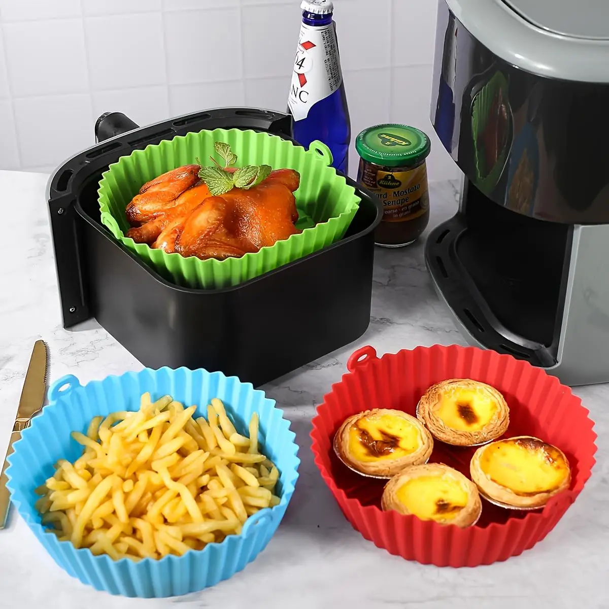 Silicone Air Fryer Liner, 1 Count Reusable Non-stick Air Fryer Liner with Handle, Round Silicone Baking Mat, Baking Tray for Home Kitchen