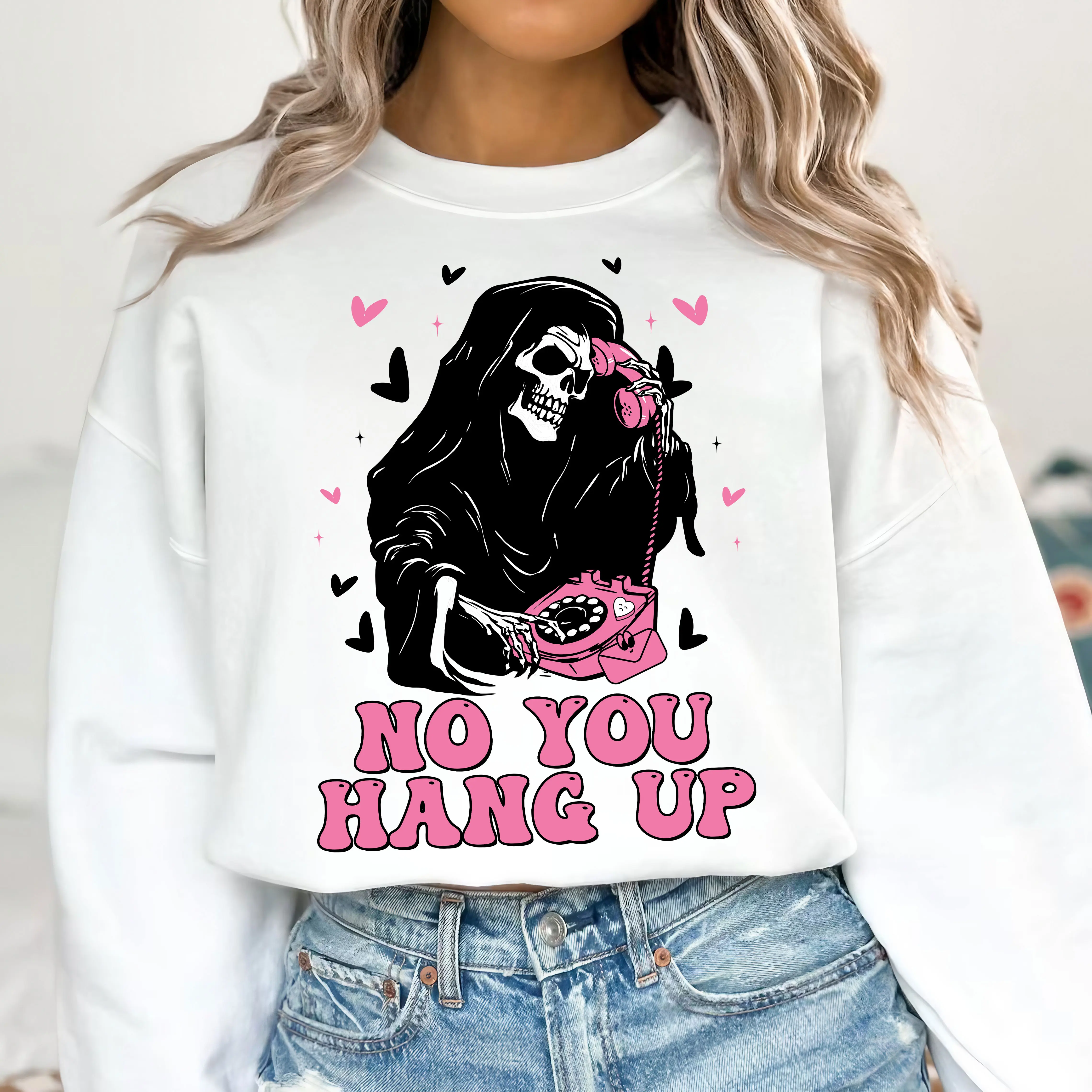 Funny Valentine Ghostface Sweater - No You Hang Up Sweatshirt - Ghostface Valentines Crewneck - Funny Ghost Face Calling Tee - Halloween Sweatshirt - Pink Letter Print Graphic Long Sleeve Tees Tops