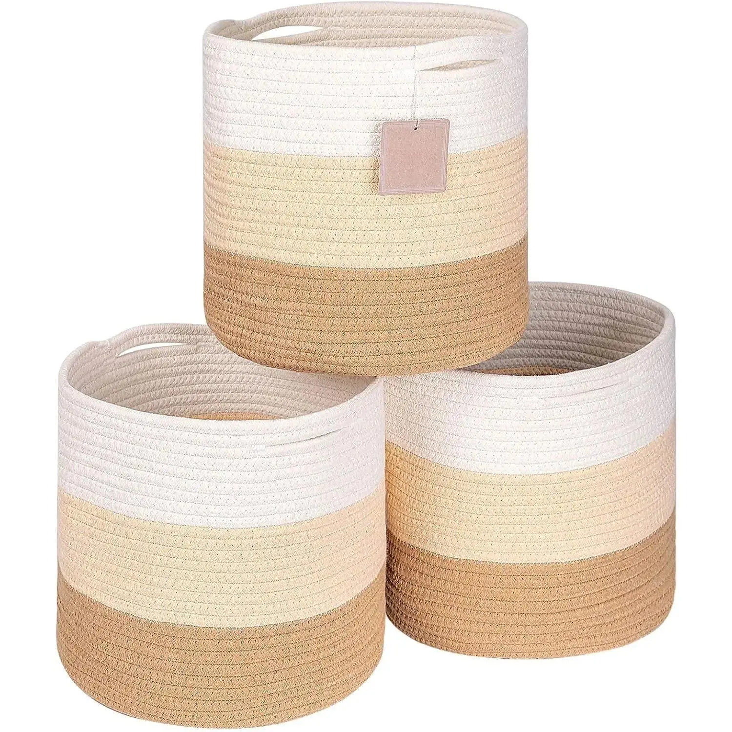 3-Pack 3-Tone Honey Cotton Rope Storage Cubes (11x11x11"), Collapsible Neutral Tones Bins, Durable Kitchen Organizer for Plates & Cutlery, Fits 12x12" Modular Cube Shelving Systems, Iron & Steamer-Compatible