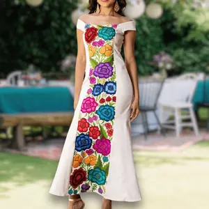 Mexican Embroidered Off Shoulder Maxi Evening Dress
