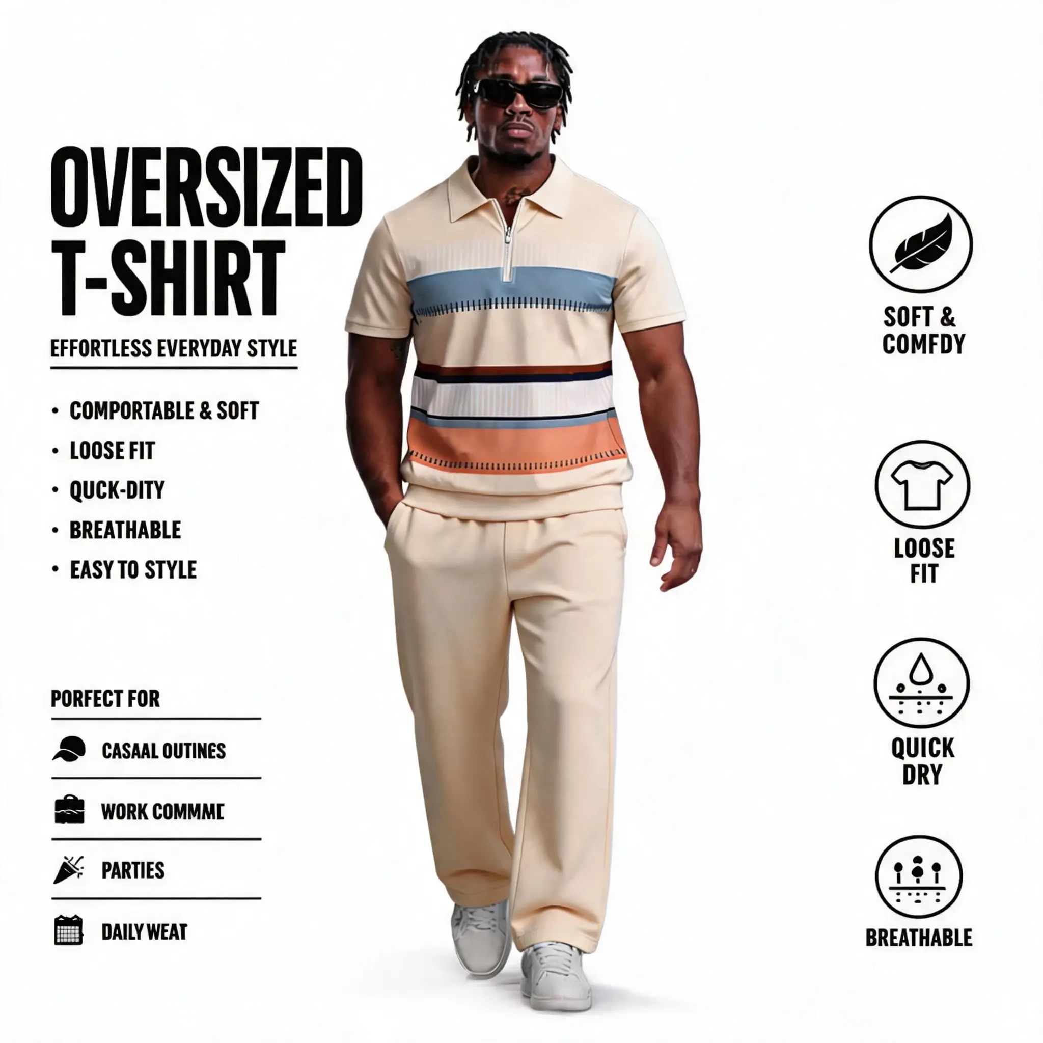 Men's 2-Piece Tracksuit Set, Short-Sleeve Striped Collared Neck Polo with Half-Zip and Pull-on Straight Pants, Summer Casual Athletic Sweatsuit, Buttons, Striped Polo, M, Machine Washable, Polyester