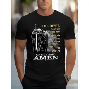 Men'S Black 100% Bold "Amen" Knight Graphic T-Shirt - Edgy Medieval Knight Design with "The Devil Saw Me with My " Text, Breathable Regular Fit Casual & Gym Tee for Summer, Halloween, Christmas, Parties, Training - All-Season Comfort Round Neck Shor