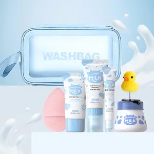 Moisturizing Hydrating Milk Skincare Kit, 1 Set Including 80g Gentle Cleansing Cleanser, 20g Eye Cream, 55g Hydrating Moisturizing Cream, 50g Sunscreen, 1 Sponge, 1 Duck Decor Hair Clip, 1 Bag