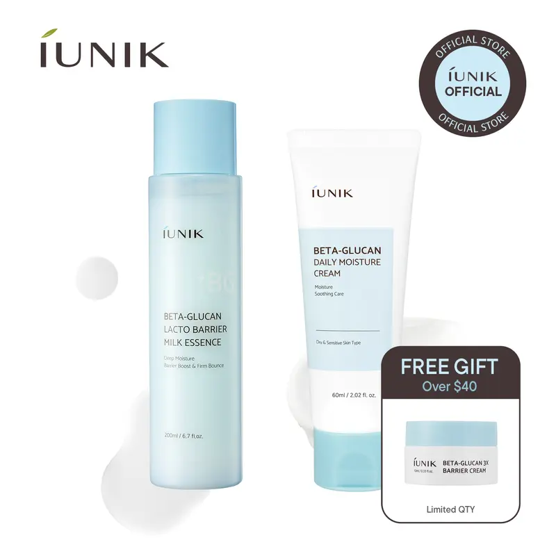 [IUNIK Official]  Beta Glucan Daily Hydration Barrier Duo | Lacto Barrier Milk Essence + Daily Moisture Cream | Peptide Barrier Repair & Elasticity Skincare Set for Barrier-Compromised Skin | Korean Skincare, K-Beauty