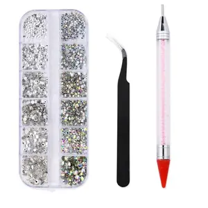 12 Grids Rhinestone Decor Nail Art Tool Set, 1 Set Nail Art Decoration Kit with Tweezers & Dot Drill Pen, DIY Nail Art Decoration Tool for Women & Girls, Christmas Gift