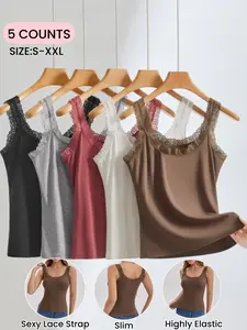 Women's Sleeveless Knitted Tank Tops, Sexy Lace Straps Camisole, Comfortable Soft &High Elastic Vest, Casual Everyday Home Wear Cami Shirts, All Seasons, 5 Pack