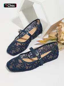 Women's Flat Ballet Shoes, Floral Embroidery Single Shoe, Summer Breathable Hollow Out Mesh Sandals, Square Toe Wide Fat Feet Mary Jane Shoes, Ballet Flats