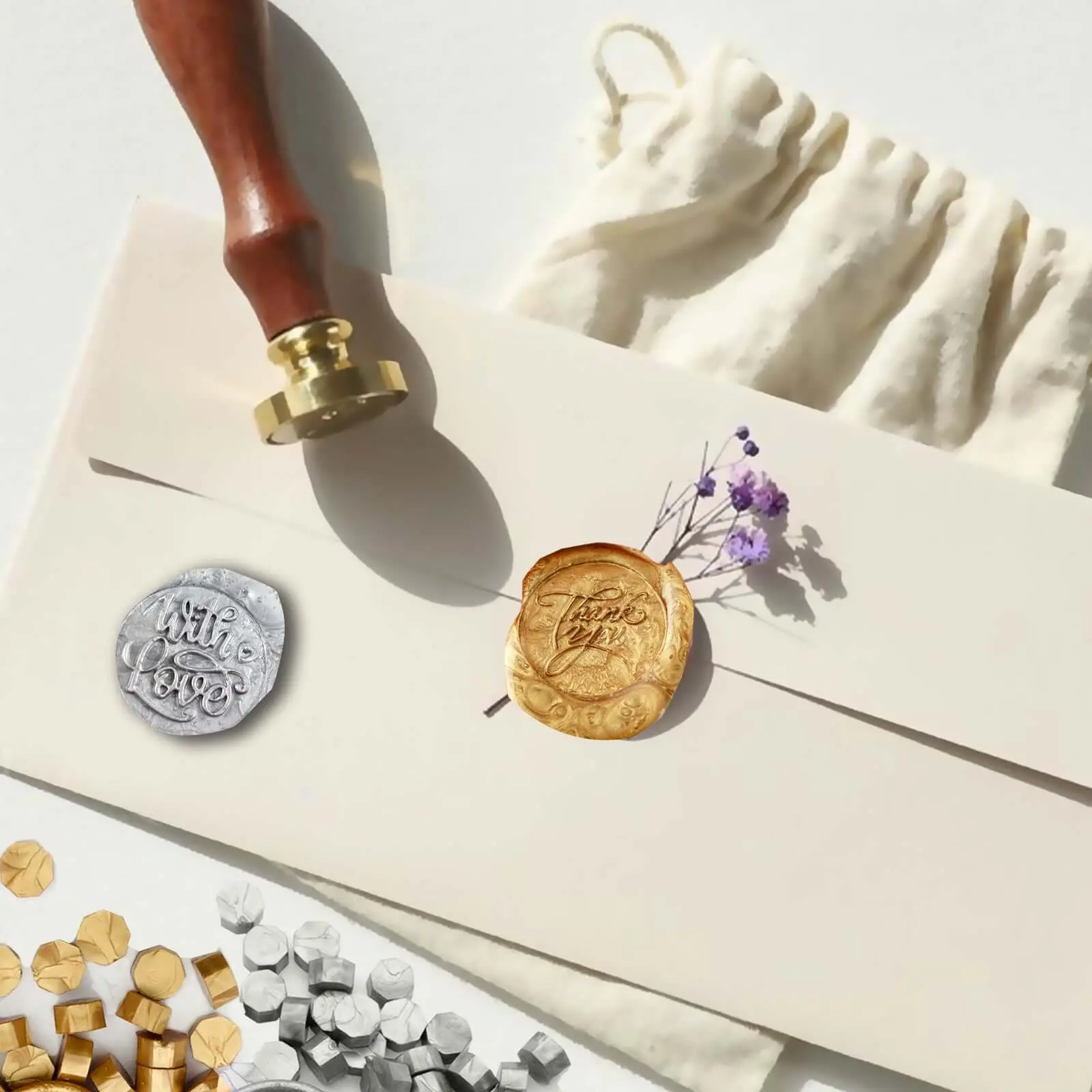2-Set Wax Seal Stamp Kit, Gold & Silver "With Love" "Thank You" Stamps for Wedding Invitations, Handmade Cards, Craft Projects, Cosmetics Packaging, Gift Sealing & Mailing Office Stationery Supplies