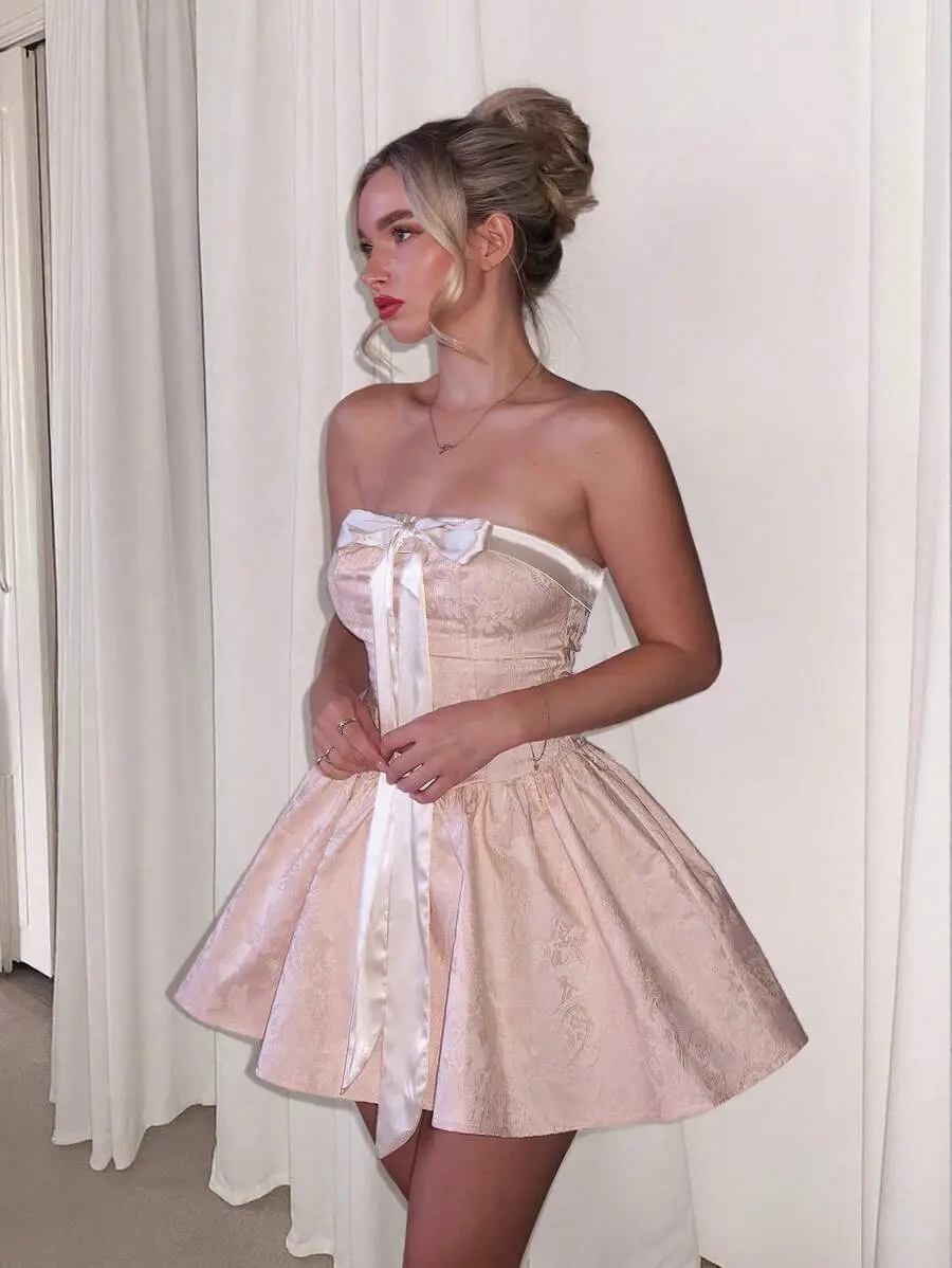 NAMI Pink Checkered Satin Patchwork 3D Bow Ribbon Peplum Strap Mini Swing Dress,Textured Jacquard Summer Birthday Party Graduation Dress