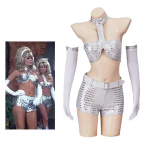 Austin Powers Fembot Cosplay Costume Halter Neck Bra Pants Gloves Belt Full Set Women Sexy Fembot Stage Performance Dance Dress