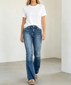 Women's High Waist Distressed Bootcut Jeans - Fringe Hem, Raw Hem, Flare Bell Bottoms - Womenswear Fashion Denim