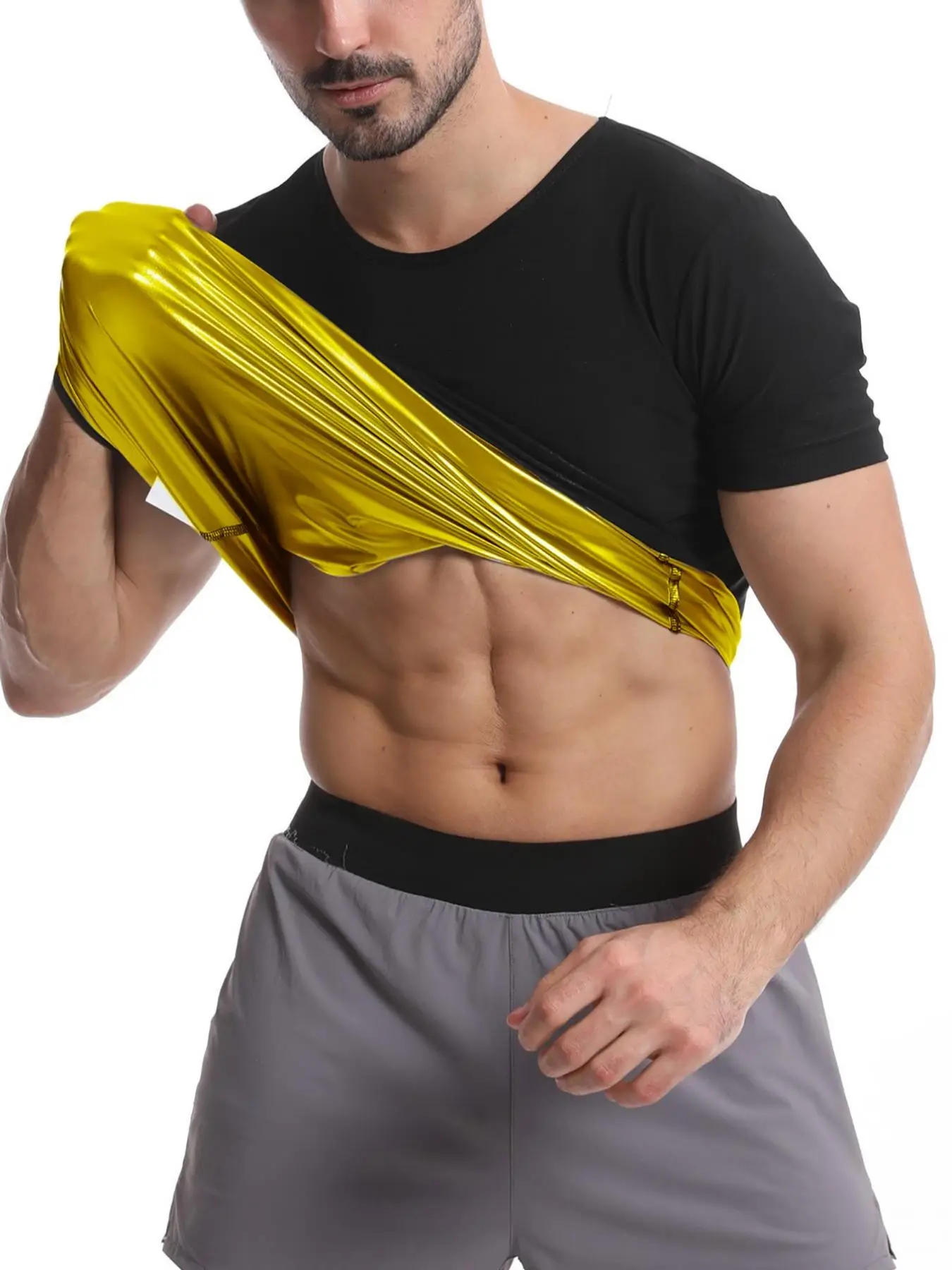 Men's Solid Round Neck Athletic Sauna Tee, Sporty Short Sleeve Compression T-shirt, Compression Shirts, Men's Top for Workout Fitness Gym, Athleisure
