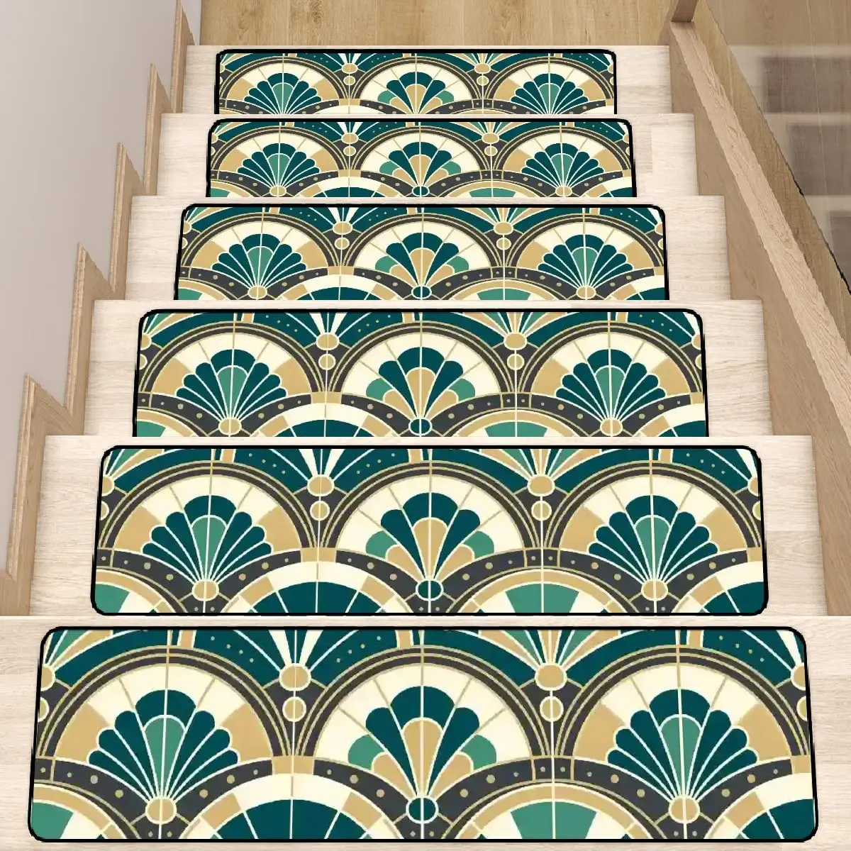 Art Deco Peacock Inspired Non Slip Carpet for Stairs Treads