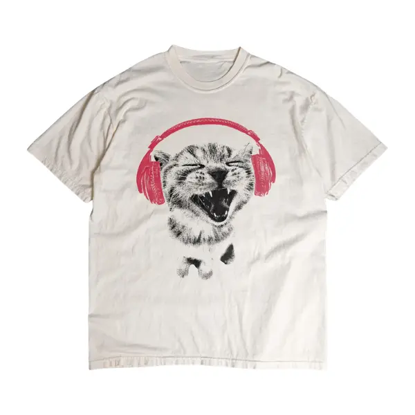 Funny Cat With Headphones Graphic T-Shirt, Music Lover Kitten Tee, Vintage Unisex Cotton Shirt, Casual Streetwear Top S-3XL