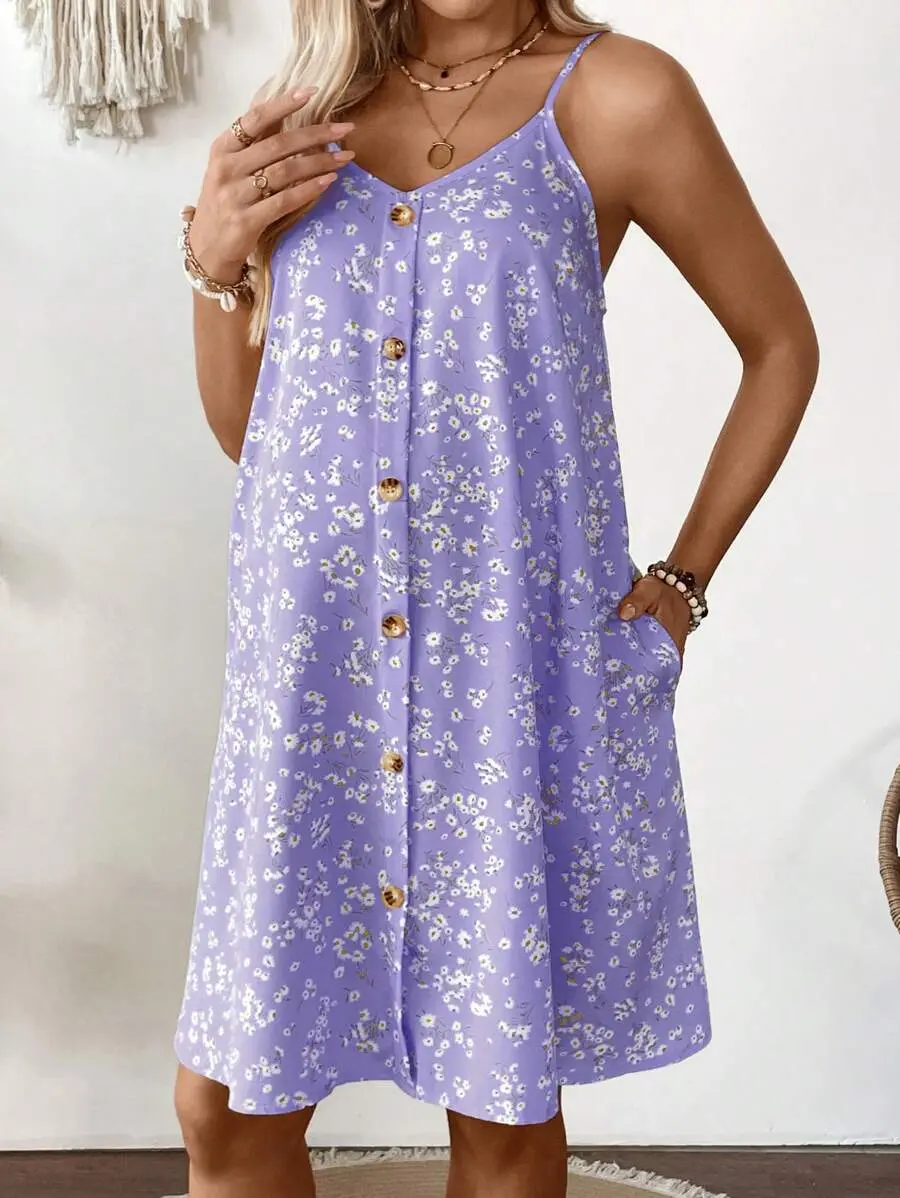 Bohemian Maternity Holiday Ditsy Floral Button Design Camisole Dress