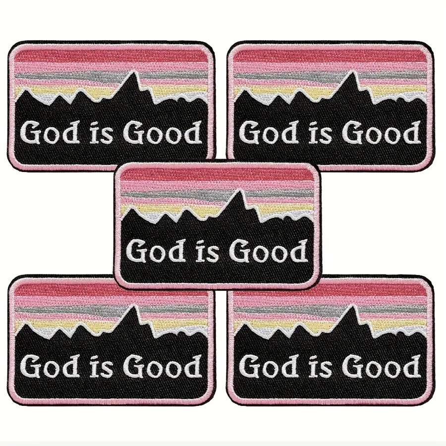 5-Piece Colorful Polyester Embroidery Iron-On Fabric Patches - Spiritual Badges with Meaningful Design, Faith Message, God's Goodness, Durable Mountain Motif for Clothing Decor, Sewing Projects