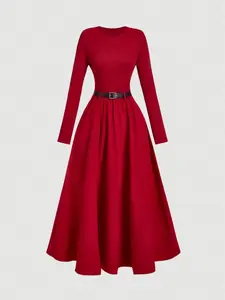 Women's Solid Color Fitted Long Sleeve Dress with Belt, Elegant Fashion Casual  Round Neck  Dress for Daily Outdoor Wear, Women Dress for Spring & Fall, Womenswear